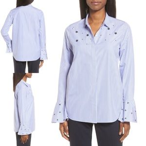 ⭐ Classiques Entier Floral Embroidered Blue White Stripe Career Blouse ⭐